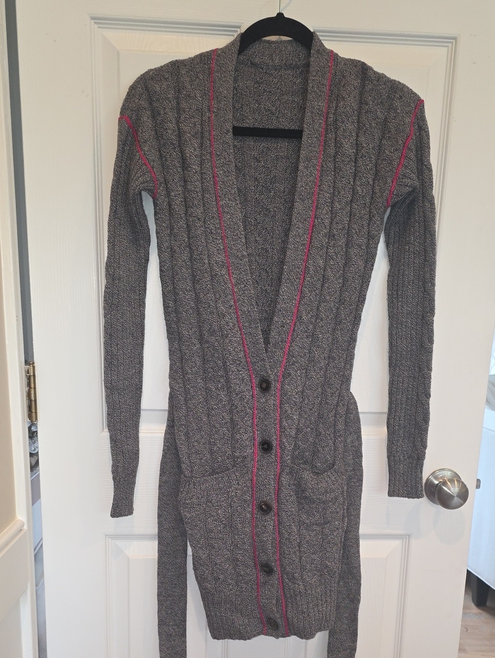 Matthew Williamson Wool Gray Cable Knit Long Cardigan with Pink Piping Size 8